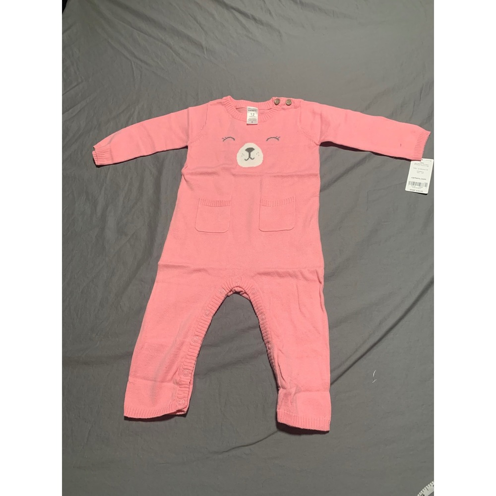 Carters Pink Knit Bear Sweater Jumpsuit Romper One‎ Piece 12M 127G567 NEW